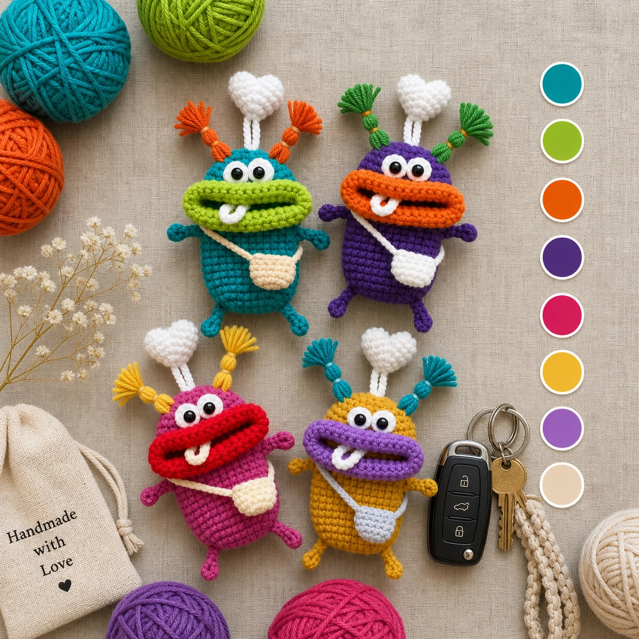 Monster Car Key Cover Crochet Pattern | Amigurumi Big Mouth Keychain PDF